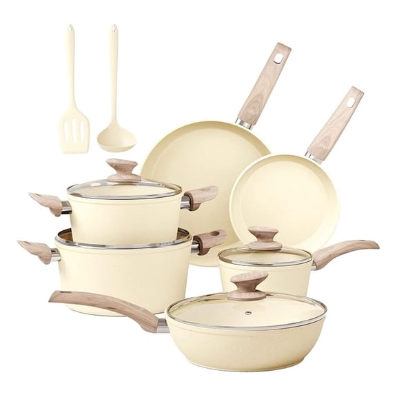 Pots and Pans Set Non Stick, Kitchen Cookware Sets Nonstick, 12 Piece Granite Cooking Pot and Pan for Induction, , Beige
