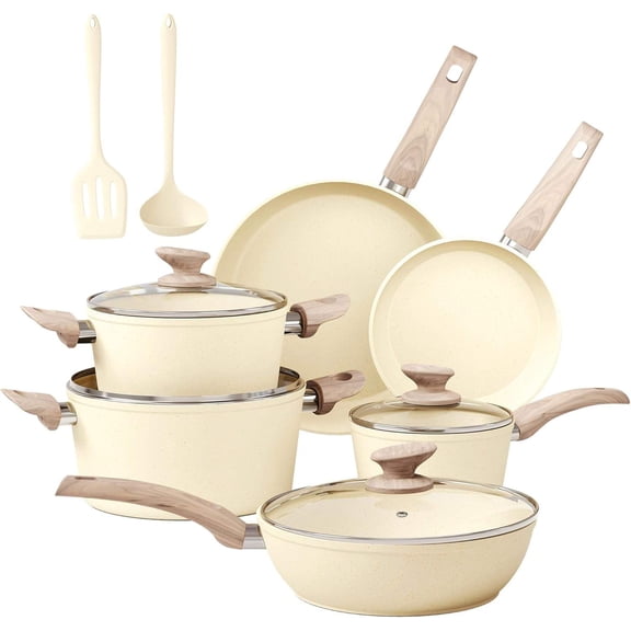 Pots and Pans Set Non Stick, Kitchen Cookware Sets Nonstick, 12 Piece Granite Cooking Pot and Pan for Induction, Stovetop, Beige