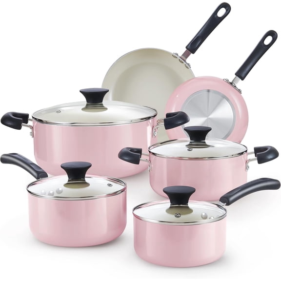 Pots and Pans Set Nonstick, 10-Piece Ceramic Kitchen Cookware Sets, Nonstick Cooking Set with Saucepans, Frying Pans, Dutch Oven Pot with Lids, Pink