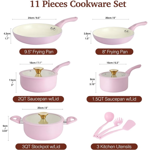 Pots and Pans Set Nonstick, 11pcs Kitchen Cookware Sets Induction Cookware, Ceramic Non Stick Cooking Set, Stay Cool Handle & Bamboo Kitchen Utensils