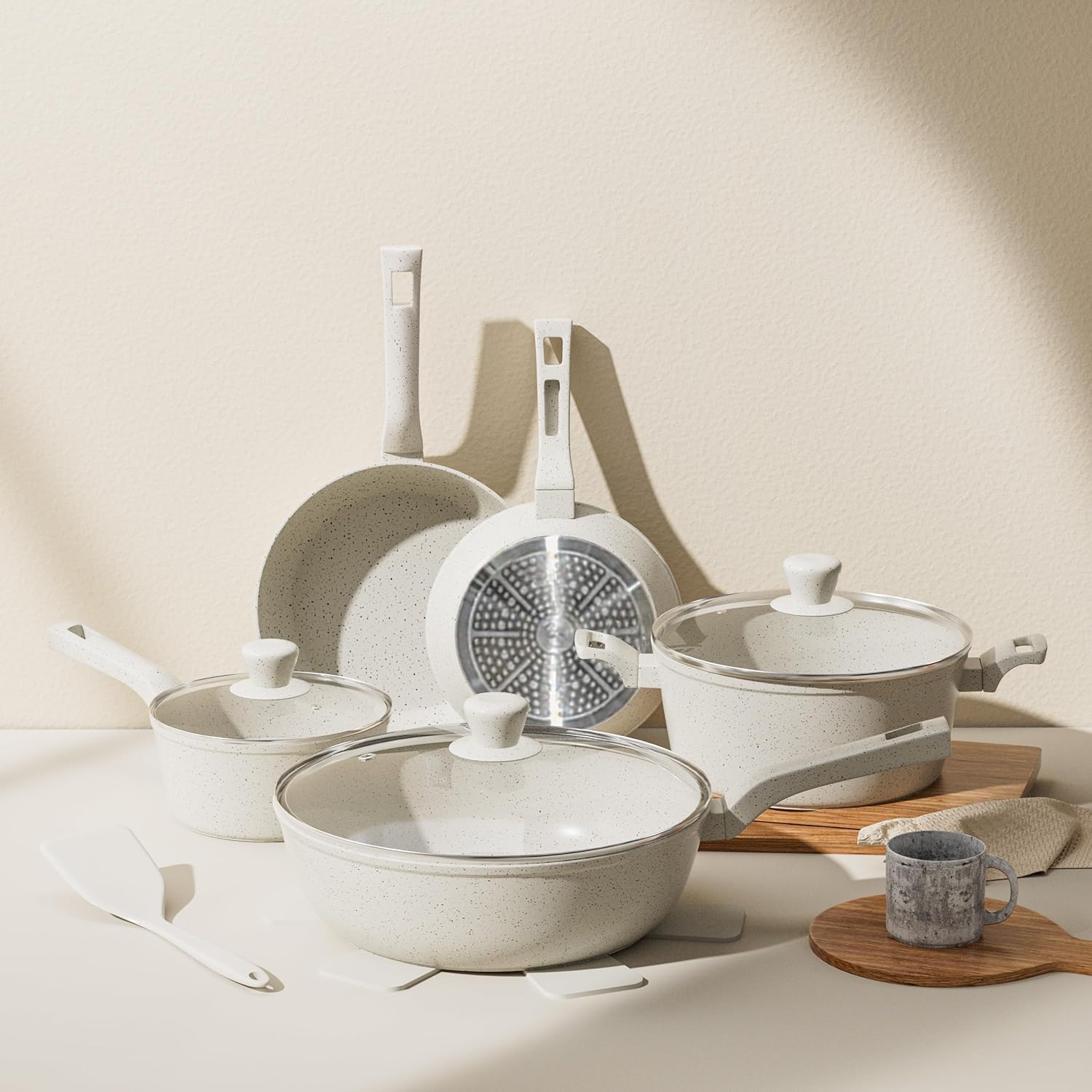 Pots and Pans Set, Nonstick Cookware Sets, White Granite Induction