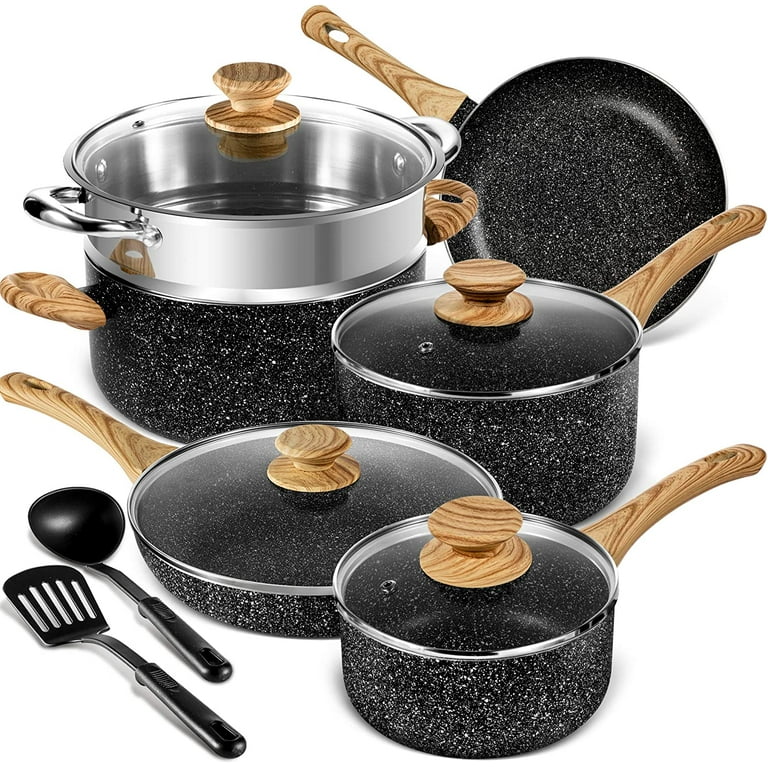  Sakuchi Nonstick Pots and Pans Set,Granite Nonstick Cookware  Sets, Induction Stone Cookware 4 Pcs Kitchen Essentials NonStick Cooking  Set with Grill pan & Deep Frying pan(PFOS, PFOA Free): Home & Kitchen