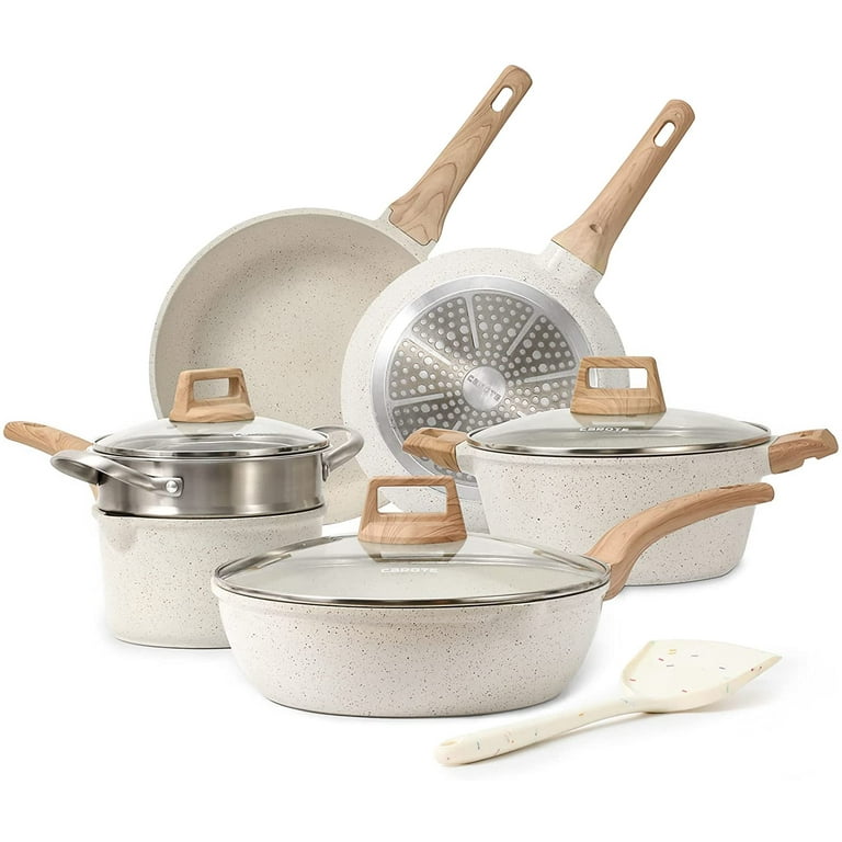 CAROTE 10 Pcs Nonstick Pots and Pans Set, Induction Kitchen Cookware Sets, White  Granite Cooking Set (PFOS, PFOA Free)