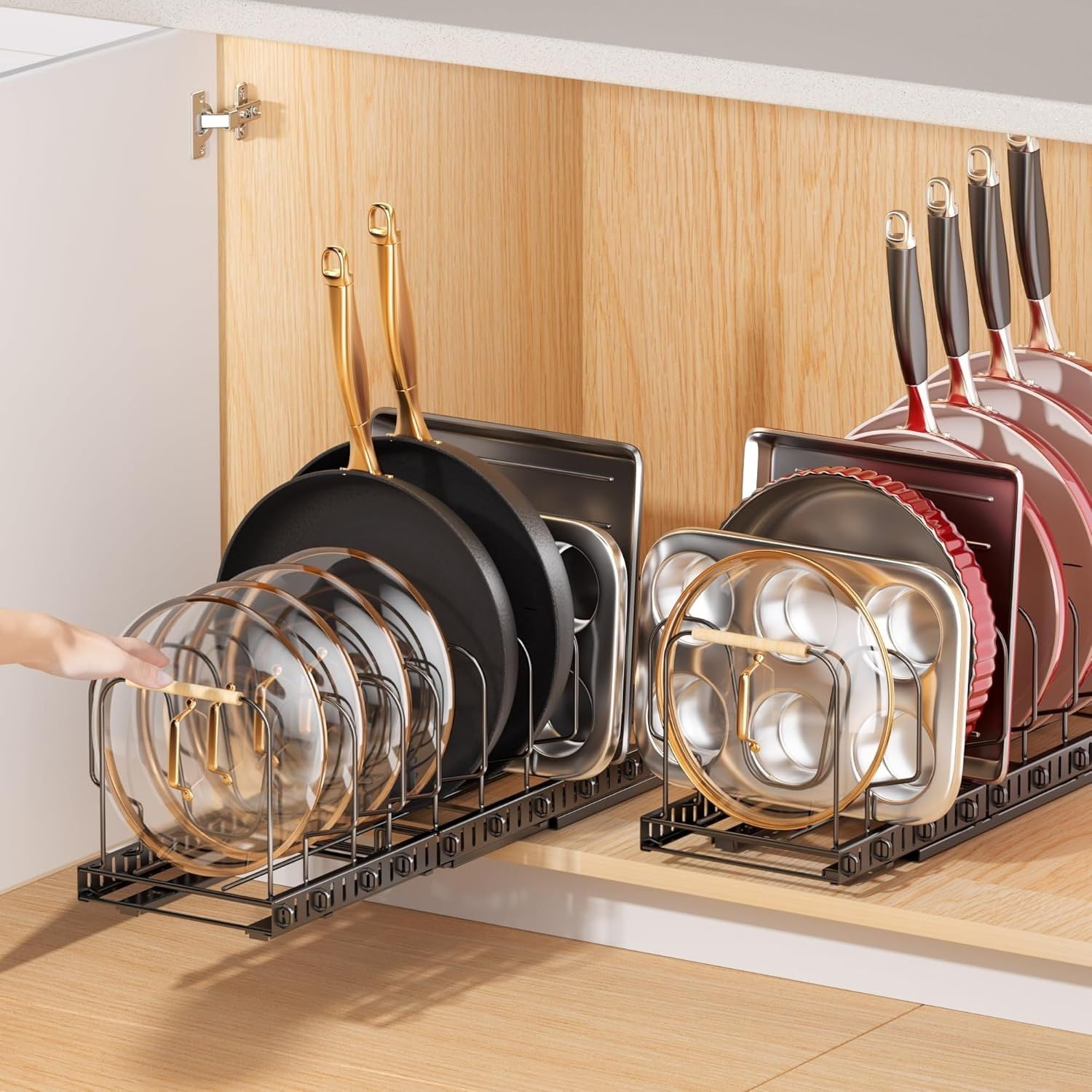 Pots and Pans under Cabinet, 2 Pack Pull out Pan s inside Cabinet for Kitchen  Cabinet s and Storage with Adjustable Dividers and Handled Divider -  Walmart.com, image size:1500x1500