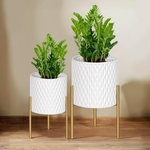 Pots with Stand, Set of 2 Planters, Mid Century Decorative Flower Pots with Drainage, 10.5 & 12.25 Inch, White and