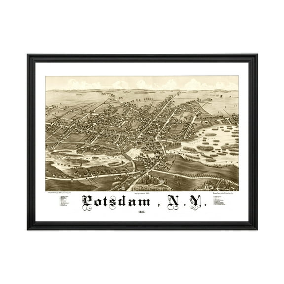 Potsdam Art, 1885 Vintage Map of Potsdam New York, NY History Wall Decor Gift, Old Potsdam Map - 24" x 18" Black Framed Print