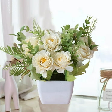 Potted Artificial Flowers, Silk Rose Arrangements Flowers Bouquets with Vase Dinning Table Centerpieces Dormitory Bedroom Kitchen Decoration