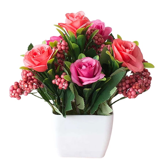 Potted Artificial Flowers, Silk Rose Arrangements Flowers Bouquets with Vase Dinning Table Centerpieces Dormitory Bedroom Kitchen Decoration