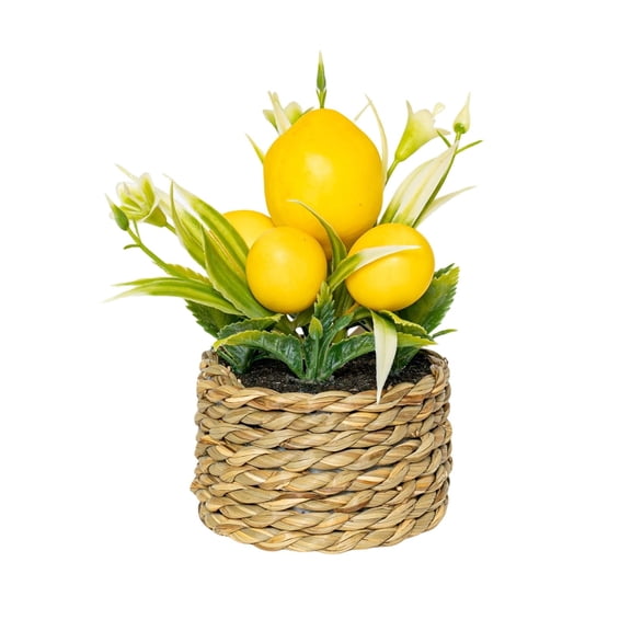 Potted Artificial Lemon Tree in Woven Basket Bonsai , Realistic Yellow Lemon Greenery for Home Office Desk Decor, Kitchen Centerpiece, Wedding Party, Christmas Seasonal Accent