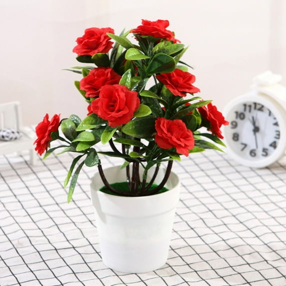 Potted Artificial Rose Fake Flowers Plants in Yellow Pink Red White Colors, Realistic Flower Bonsai for Home, Garden, Office Table or Wedding Decor, 18x25CM, Red
