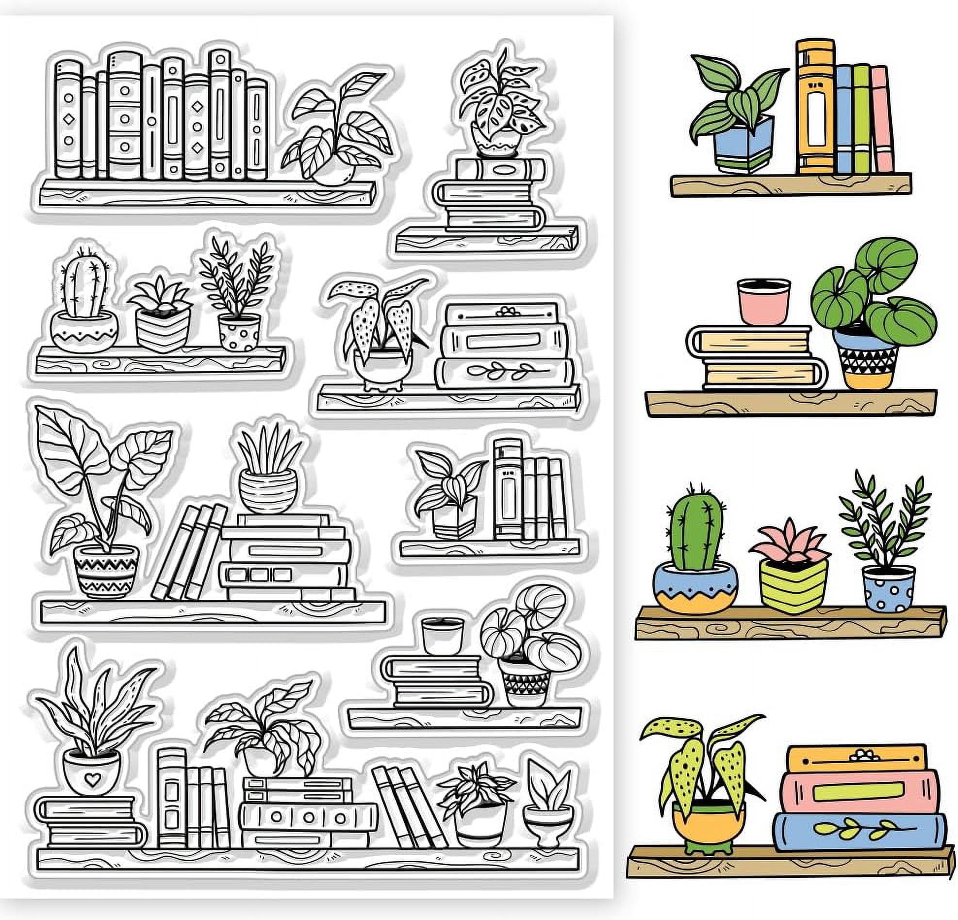 Potted Bookshelf Clear Stamps Book and Plant Embossing Stamp Silicone ...