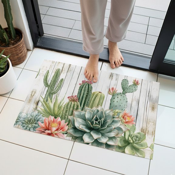 Potted Cacti Succulents Indoor Door Mat 16x24 Inch Farmhouse Botanical Rustic Front Door Mat Non Slip Washable Entryway Rug Low Profile Dirt Trapper Doormat for Bathroom Kitchen Bedroom