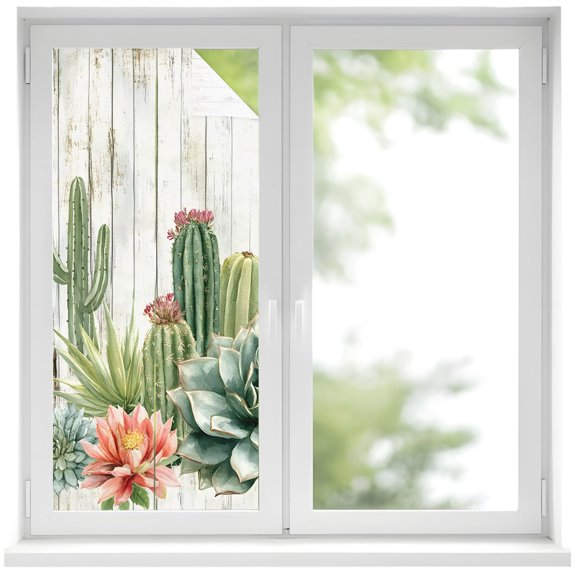 Potted Cacti Succulents Window Privacy Film Farmhouse Botanical Rustic Decorative Glass Window Film UV Blocking Static Cling Non-Adhesive Sticker Covering for Home Door 19.6 x 39.3 inches