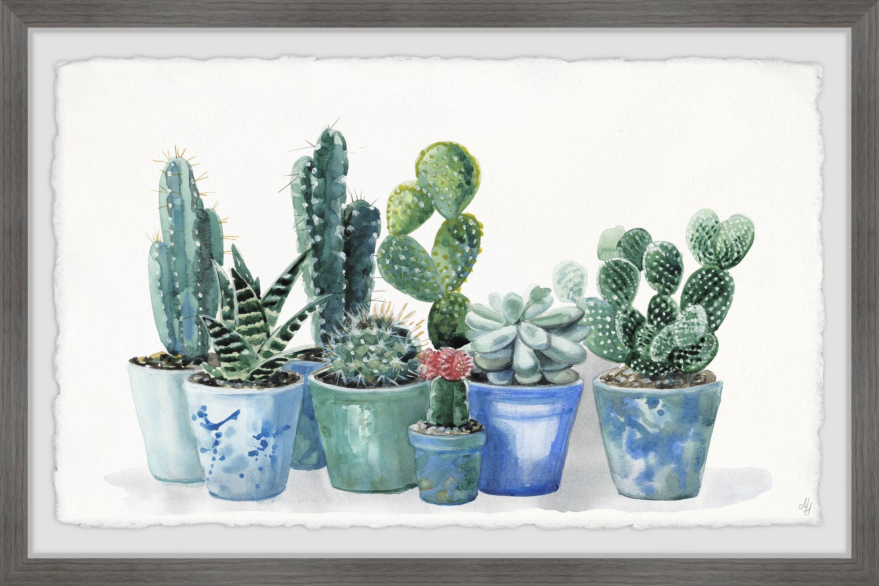 Handmade Green and Blue Potted Cactus Canvas Print