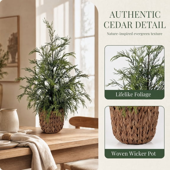 Potted Cypress Artificial Christmas Tree - 18" Faux Cypress in Woven Basket Base, Xmas Tree for Indoor Outdoor Home Decoration