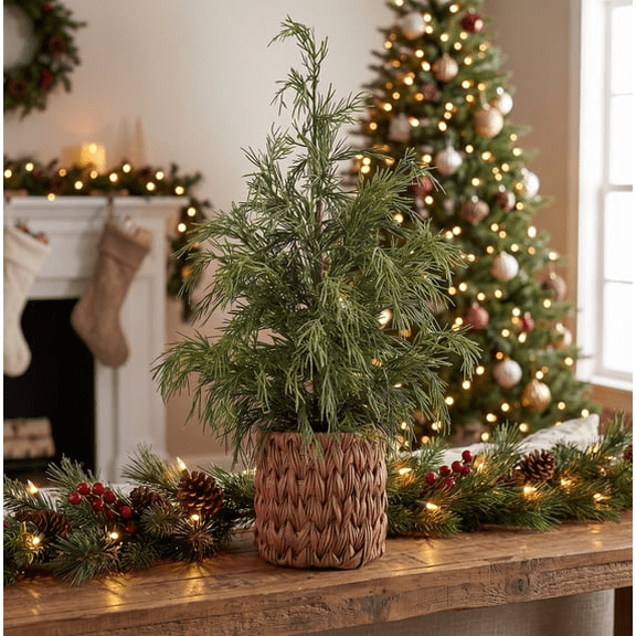 Potted Cypress Artificial Christmas Tree, Woven Basket Small Faux Cypress Tree for Shelf & Entryway Christmas Display