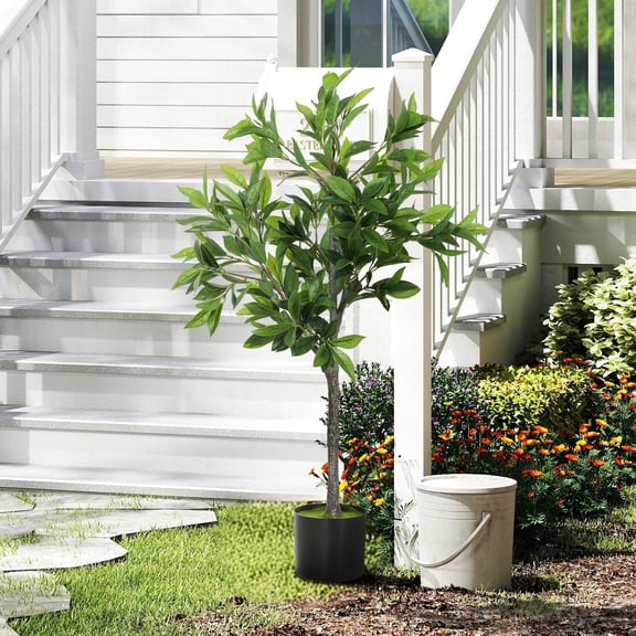 Potted Fake Plant with 345 PEVA Leaves, Lifelike Laurel Tree, Green