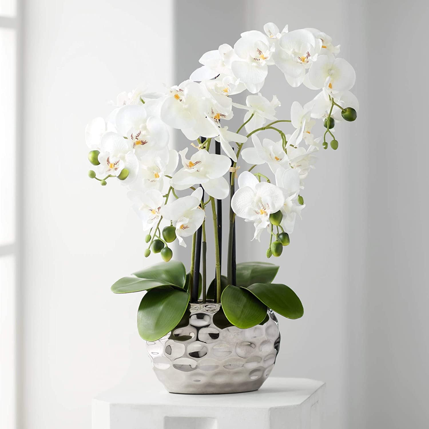 Dahlia Studios Potted Faux Artificial Flowers Realistic White Phalaenopsis Orchid in White Ceramic Pot Home Decoration 29" High