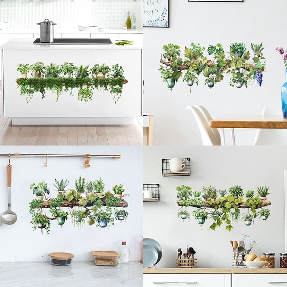 Potted Green Plant Shelf Wall Decals Green Botanical Tropical Succulent Wall Stickers for Living Room Kitchen Home Decor