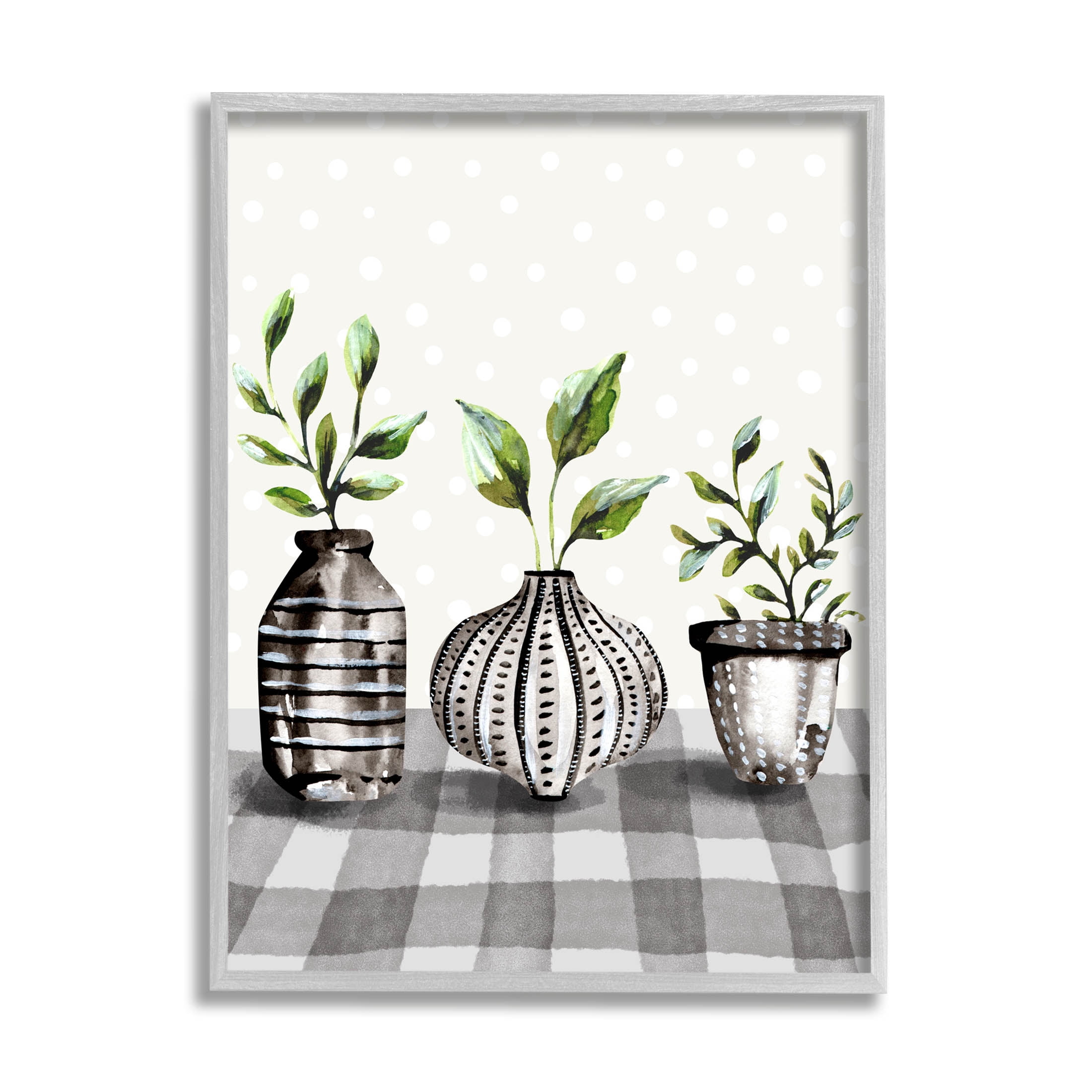 Potted Herbs Patterned Tartan Botanical & Floral Graphic Art Gray Framed Art Print Wall Art