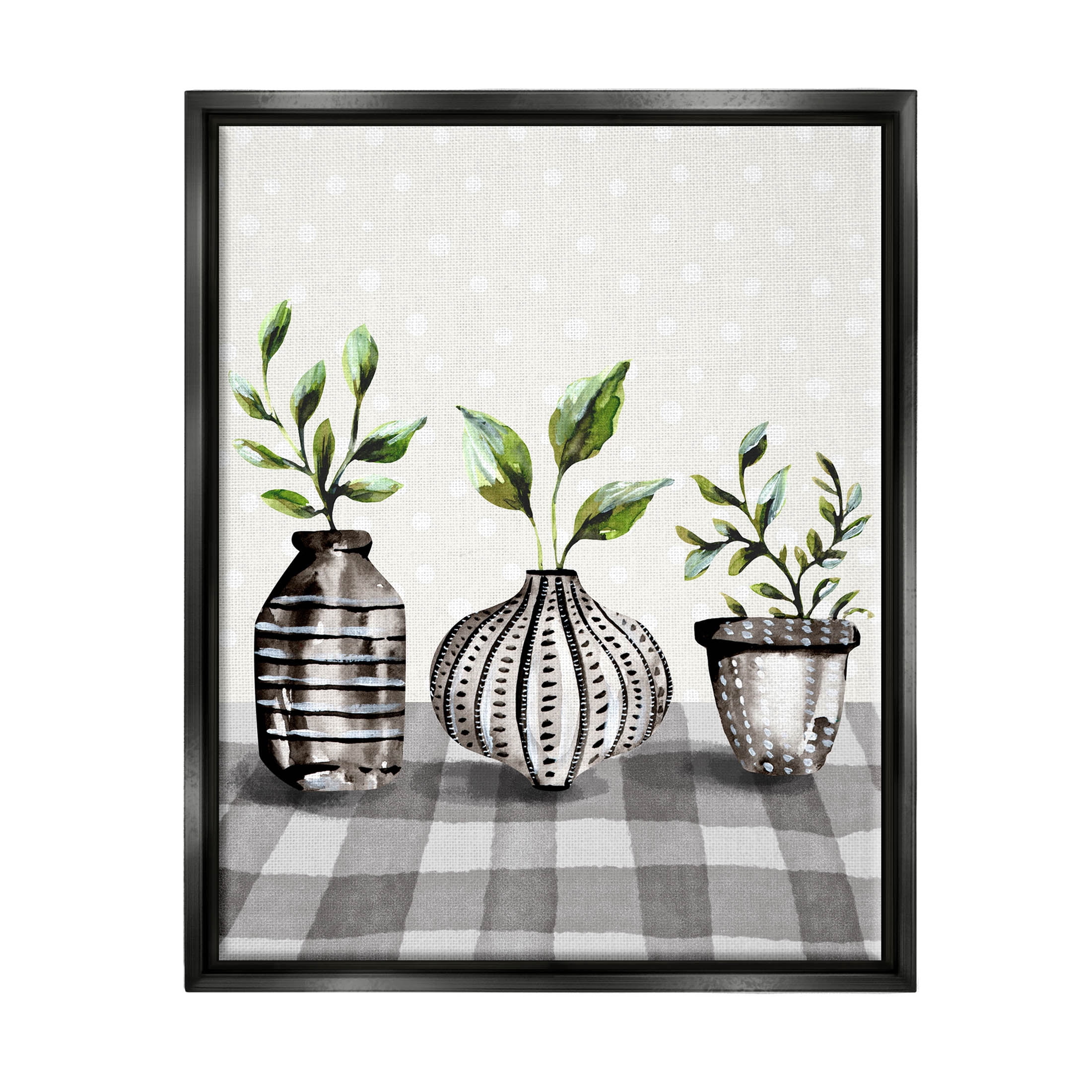 Potted Herbs Patterned Tartan Botanical & Floral Graphic Art Jet Black Framed Art Print Wall Art