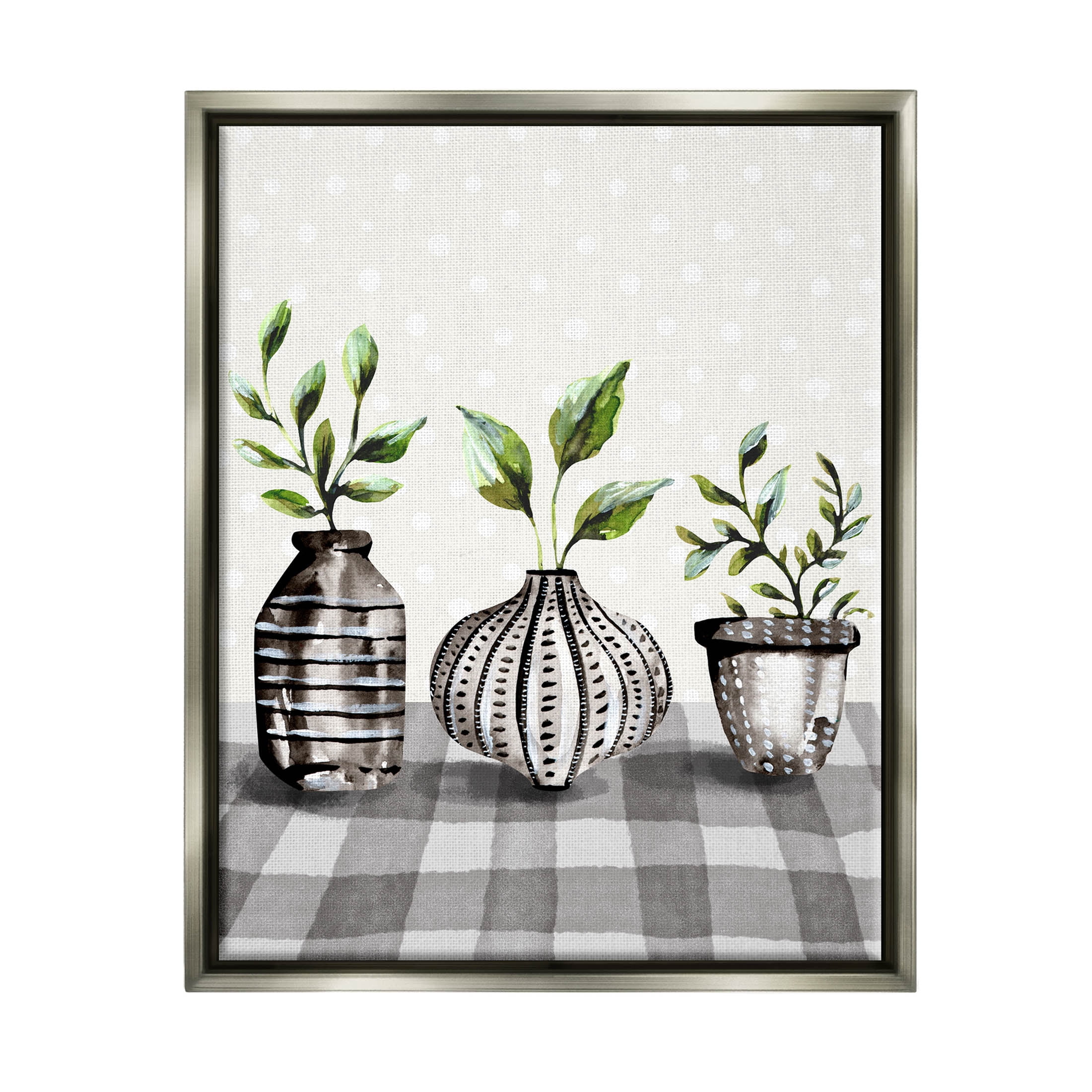 Potted Herbs Patterned Tartan Botanical & Floral Graphic Art Luster Gray Framed Art Print Wall Art