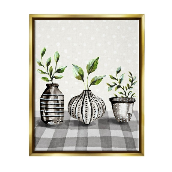 Potted Herbs Patterned Tartan Botanical & Floral Graphic Art Metallic Gold Framed Art Print Wall Art
