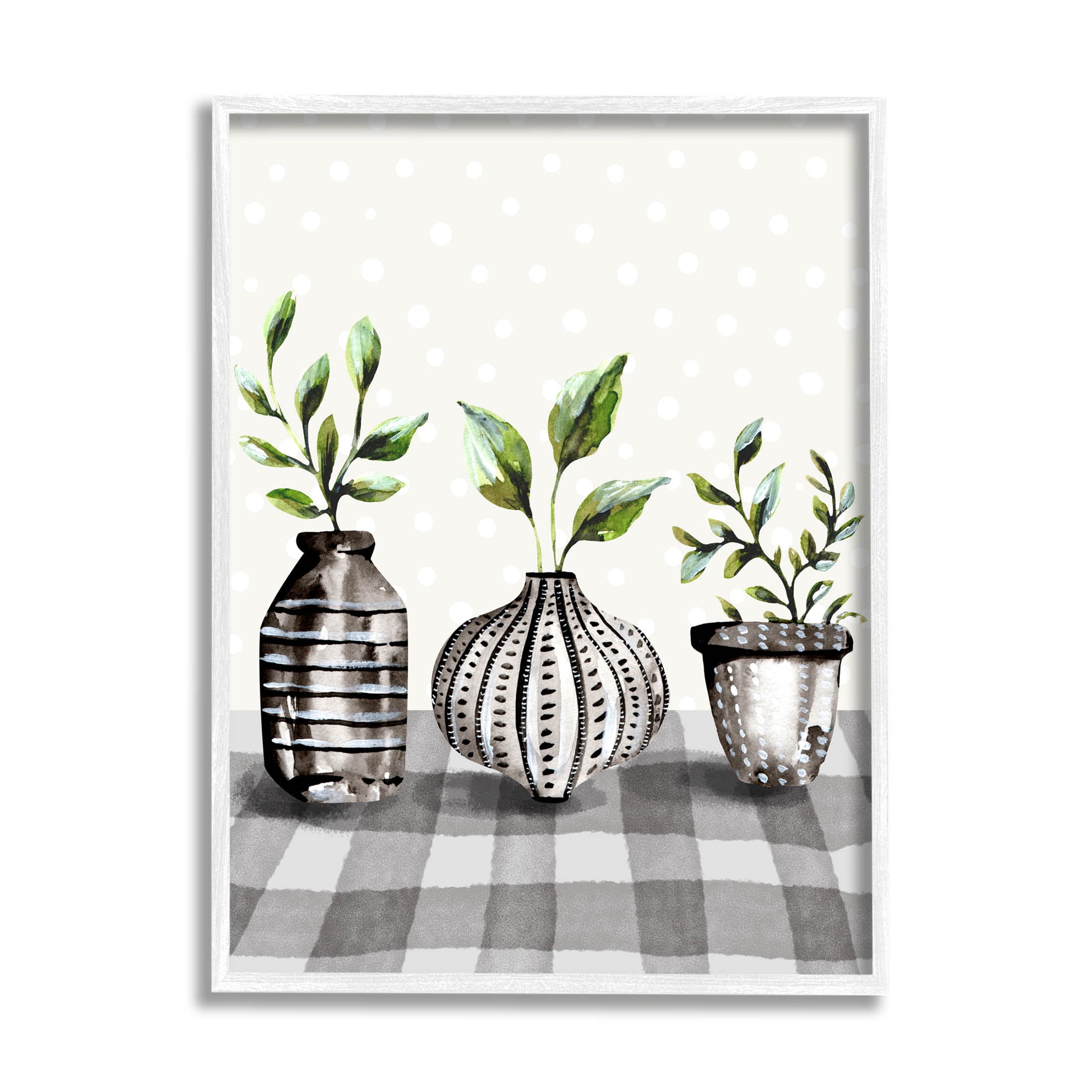 Potted Herbs Patterned Tartan Botanical & Floral Graphic Art White Framed Art Print Wall Art