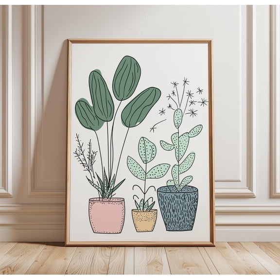 Potted Leaf Plant Botanical Line Art Modern Green Wall Decor Unframed Paper Print