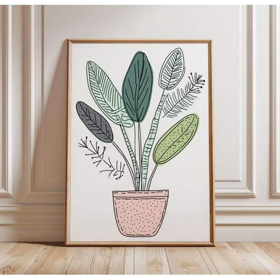 Potted Leaf Plant Poster | Botanical Line Art Print | Modern Green Wall Decor, Poster Only