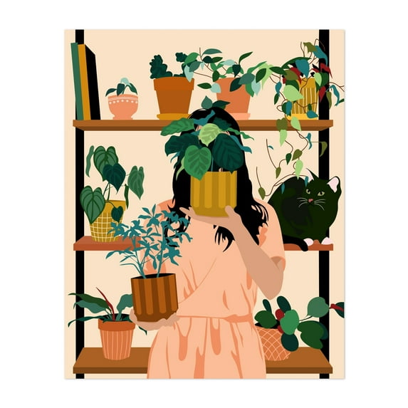 Potted Oasis - India Illustration Botanical Cat Modern Art Floral Fashion Unframed Wall Art Print 18 x 24 inches