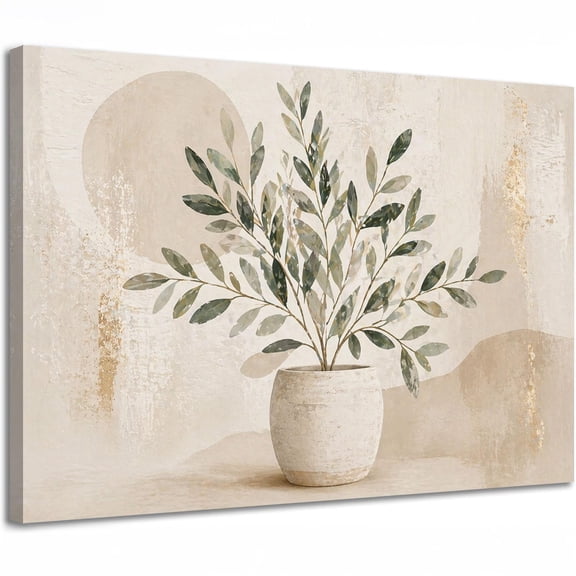 Potted Olive Branch Canvas Wall Art, Neutral Botanical Decor, Minimalist Farmhouse Living Room Wall Art