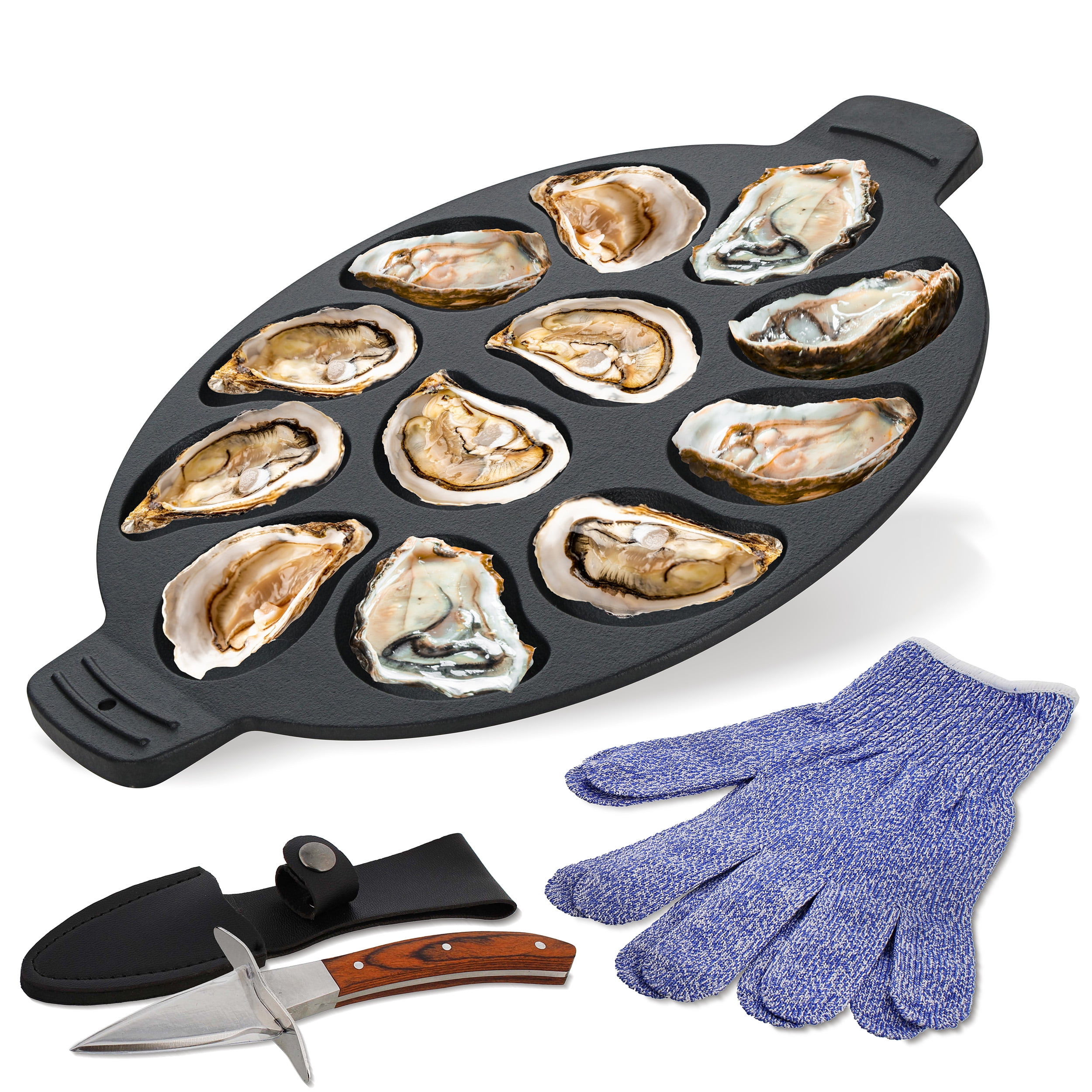 Potted Pans Cast Iron Oyster Grill Pan with Gloves and Knife, Seafood