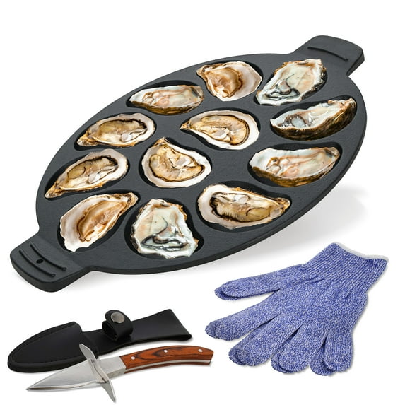 Potted Pans Cast Iron Oyster Grill Pan with Gloves and Knife, Seafood Tools Oyster Lovers