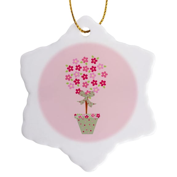 3drose, Potted Pink Spring Flowers, 3 inch Snowflake Porcelain Ornament
