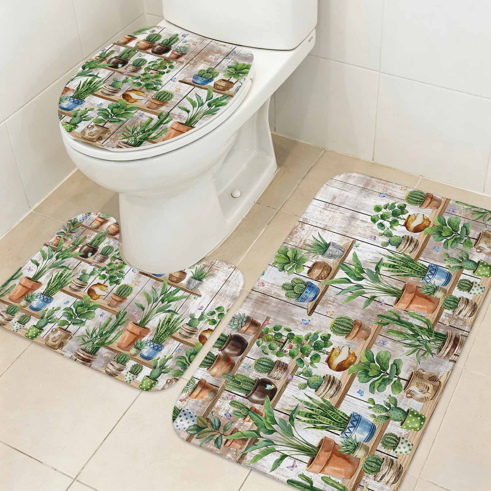 Absorbent Rugs Potted Plant Bathroom Rugs Sets 3 Piece, Vintage Green Succulents ...