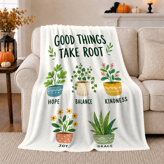 Potted Plant Illustrations Encouragement, Cozy Friendship Quote Scene, Warm Flannel Blanket for Living Room and Reading Nook, Art Lovers Encouragement Gift, Artistic Home Decor