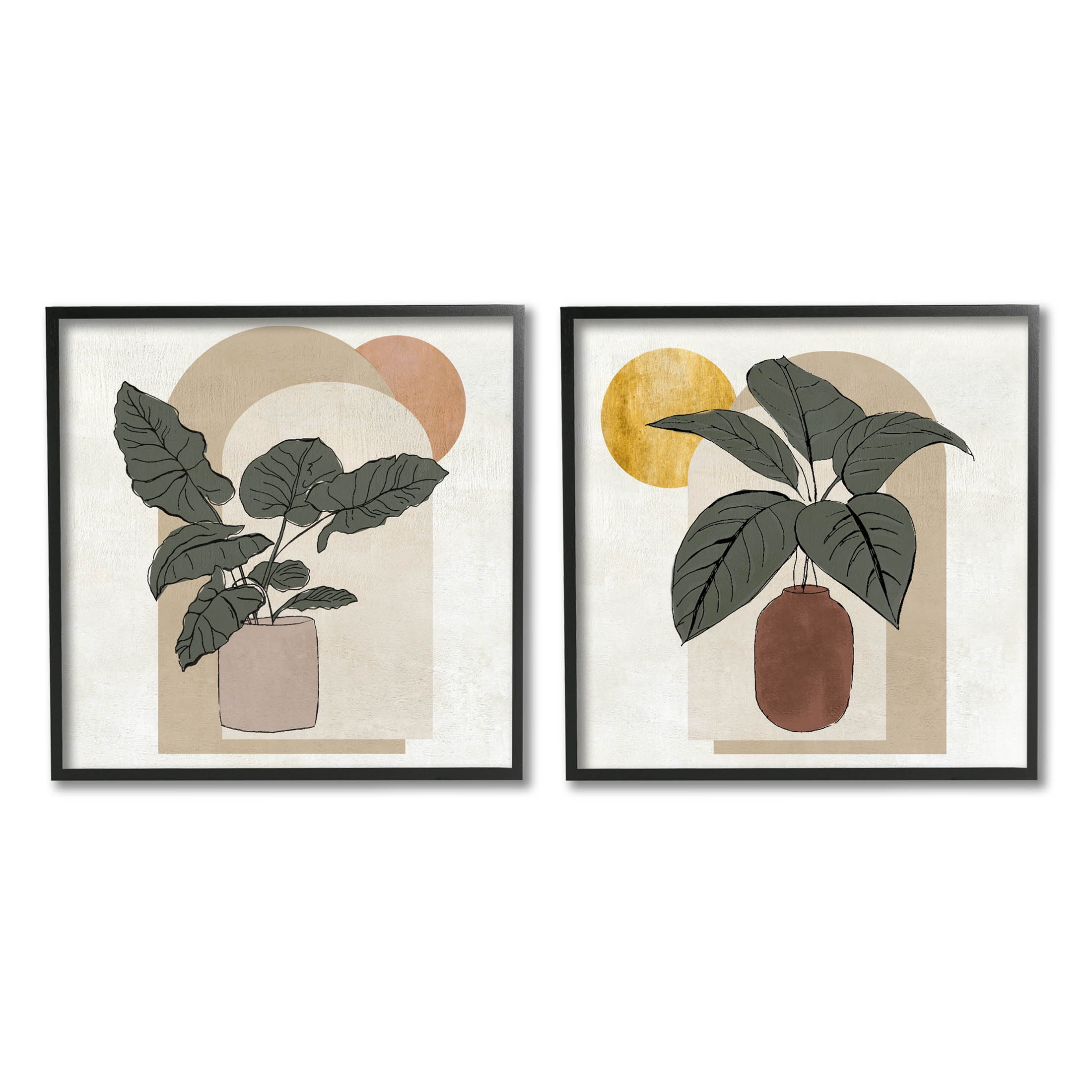 Potted Plant Leaves Geometric Shapes Botanical & Floral Graphic Art Black Framed Art Print Wall Art, Set of 2