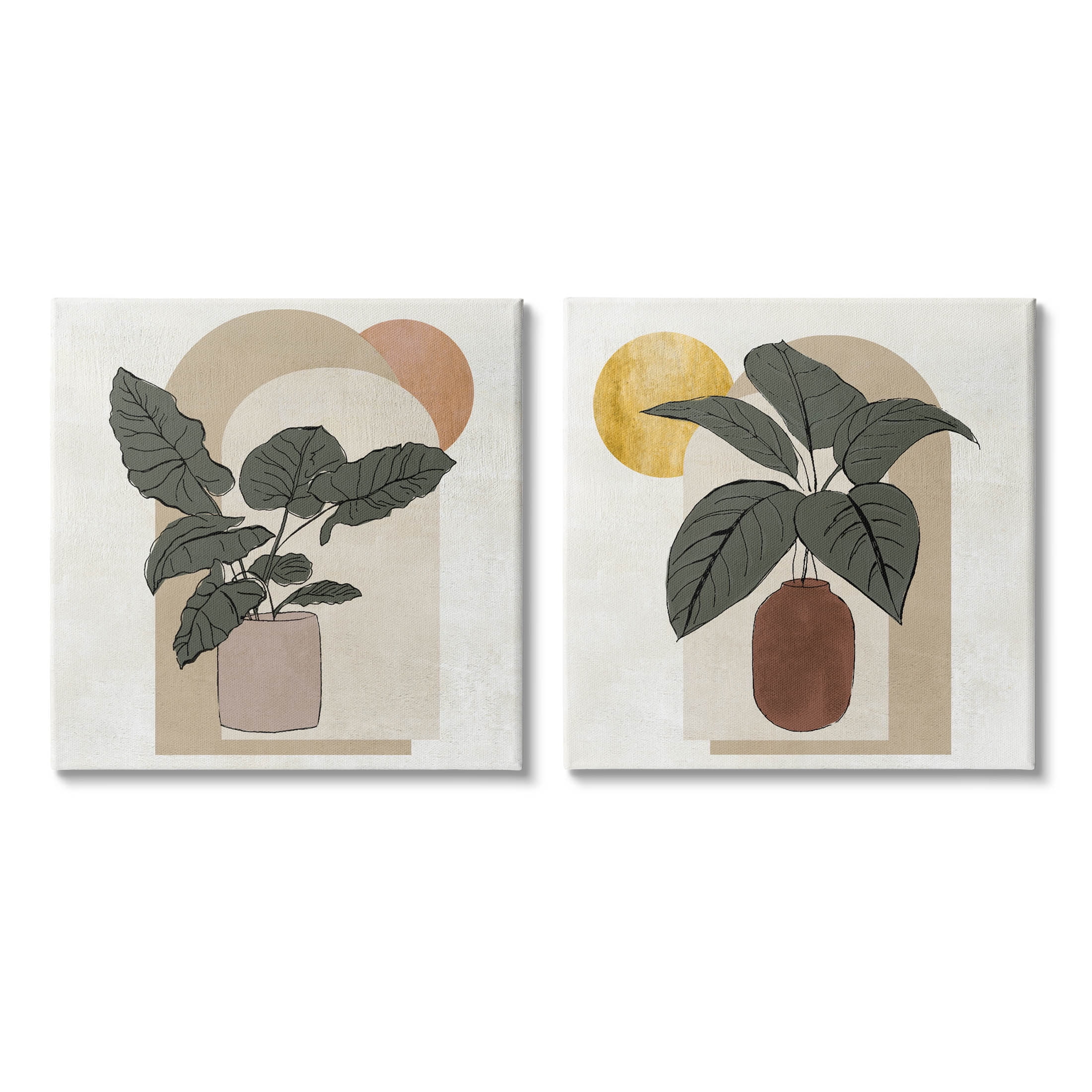 Potted Plant Leaves Geometric Shapes Botanical & Floral Graphic Art Gallery Wrapped Canvas Print Wall Art, Set of 2
