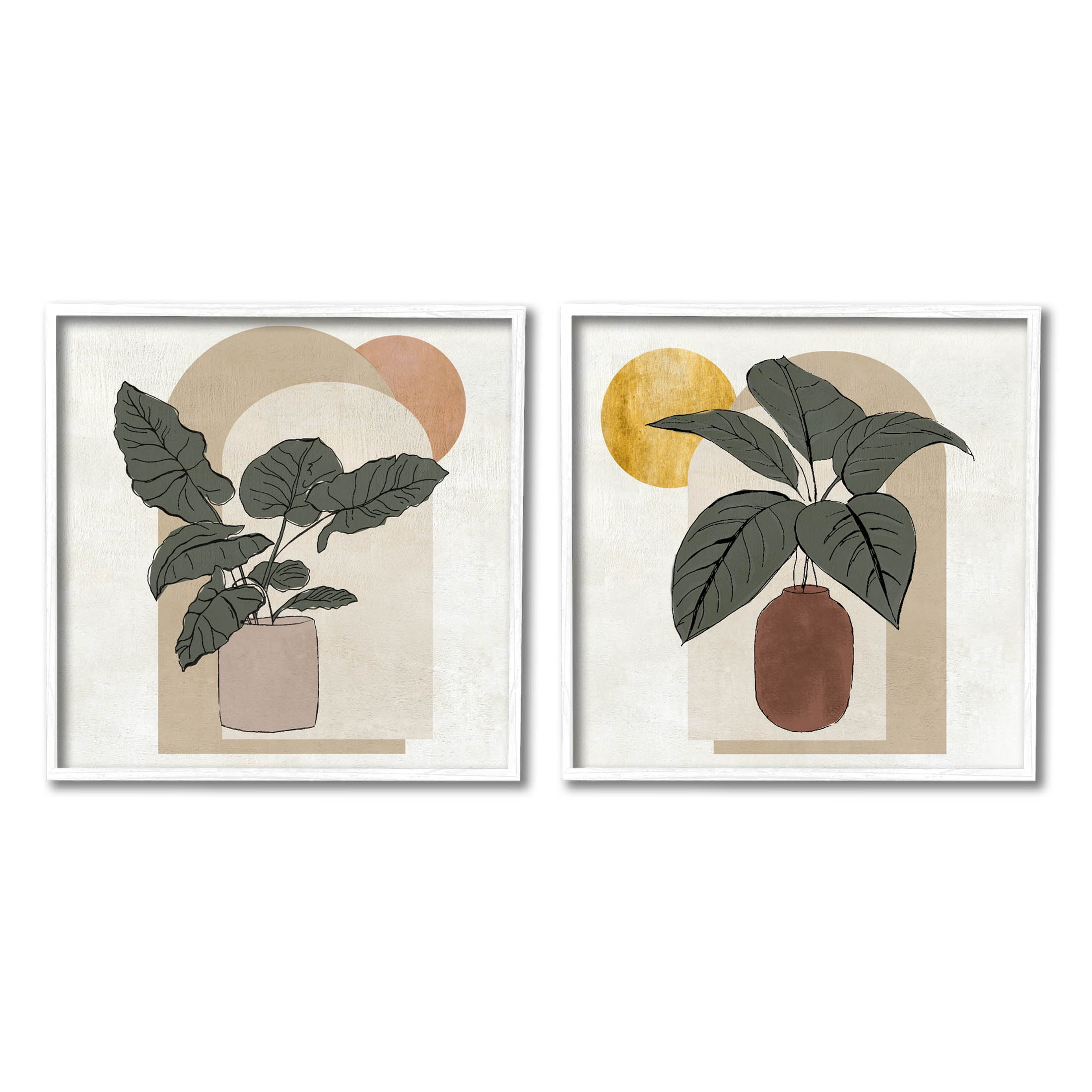 Potted Plant Leaves Geometric Shapes Botanical & Floral Graphic Art White Framed Art Print Wall Art, Set of 2