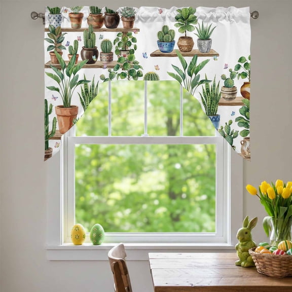 Potted Plant Swag Valances for Kitchen Window, Vintage Green Succulents Cactus Butterfly Rustic Country Small Swag Valances Rod Pocket Curtain Drapes Window Treatment for Bedroom Bathroom, 56x36 Inch