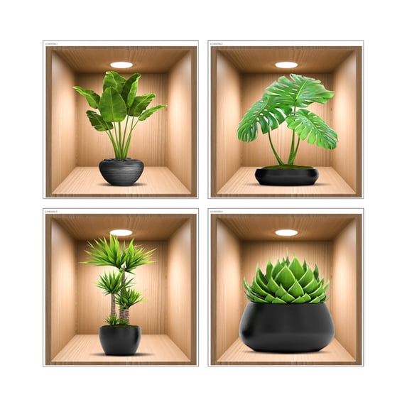Potted Plant Window Decals, Creative Floral Wall Stickers for Home Decor, Removable Vinyl Glass Clings for Living Room, Green Leaves Illustration Mural Art