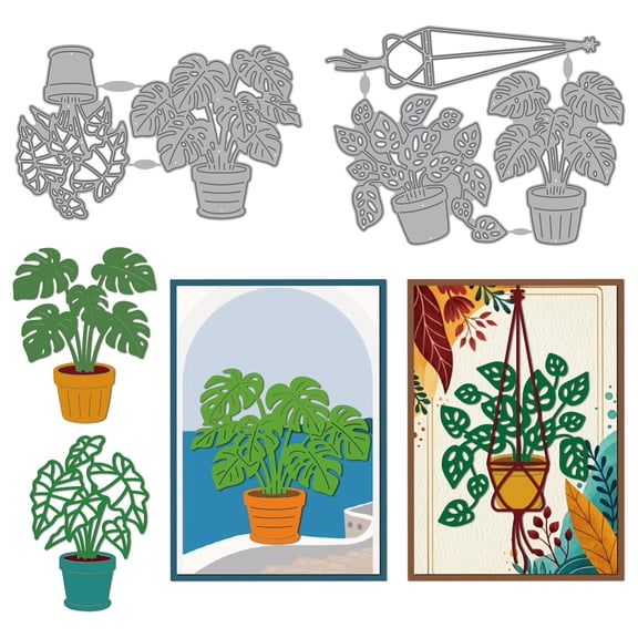 Potted Plants Metal Cutting Dies Monstera Leaves Die Cuts Stencils Window Sill Bonsai Embossing Template Dies for Making Scrapbooking Album Decor