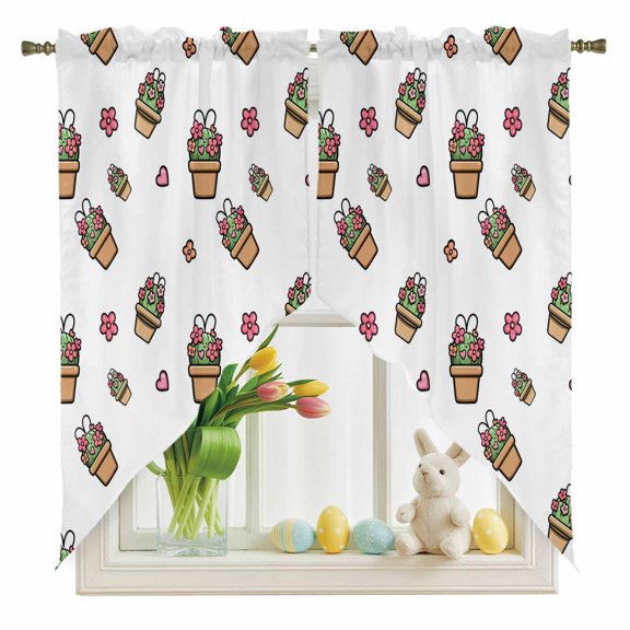 Potted Plants Swag Kitchen Curtain Valances, Easter Rabbits Ears Potted Plant Floral Heart Rod Pocket Curtains Window Treatment Decor Valances for Bedroom Bathroom, 2 Panels 36 x 63 Inch