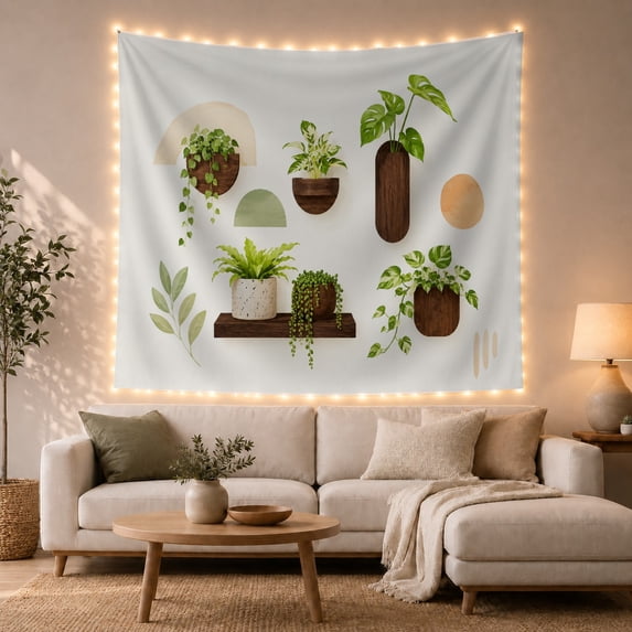 Potted Plants in Wall Planters, Asymmetrical Bohemian Composition, Calming Boho for Plant Lovers, Botanical Wall Art, Housewarming Gift, Tapestry Wall Hanging for Living Room, Bedroom and Dorm