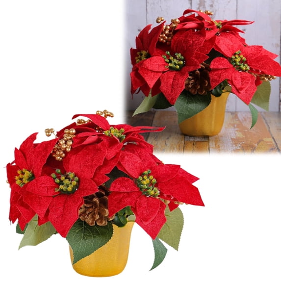Potted Red Christmas Plant Artificial Poinsettia in Pot with Pinecones Tabletop Centerpiece Home Office Decor