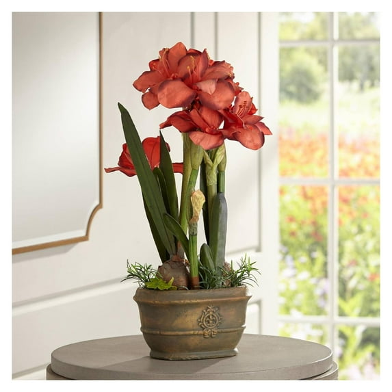 Potted Silk Faux Artificial Flowers Arrangements Rust Triple Amaryllis in Verde Green Pot for Home Decoration Living Room Office Bedroom Bathroom Kitchen Dining Room 25" High