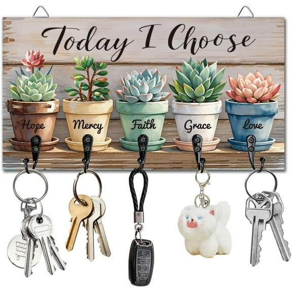 Potted Succulents Plants Key Holder Key Hooks Wall Mounted Wooden Key Racks with 5 Hooks Key Storage Organizer House Key Hanger