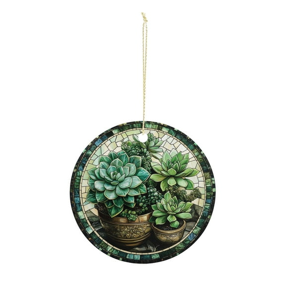 Potted Succulents in Stained Glass Christmas ornament, Christmas decoration, holiday present idea, heirloom keepsake, round ceramic, gift Exchange, bauble present, gift idea