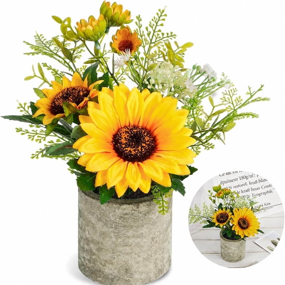 Potted Sunflower Artificial Flowers, Yellow Fake Sunflower in Pot, Sunflower Decor for Home Bathroom Kitchen Desktop Window Sill Flower Decor